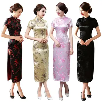 Geleneksel Çin Çiçek Baskı Zarif Kısa Kollu Kadın Uzun Cheongsam Gelinlik Kısa Kollu Abiye robe femme