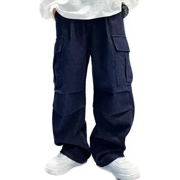 Genç Erkek Geniş Bacak Pantolon Kore Tarzı Moda Bahar Sonbahar Pamuk Düz Kot çocuk Eğlence Koyu Mavi Denim Pantolon
