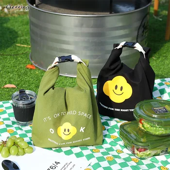 Gerring Piknik yemek kabı Orijinal Basit İngilizce Gülen Yüz Satchel Tarzı Ordu Yeşil Bento Çantası yemek kutusu Gıda Depolama