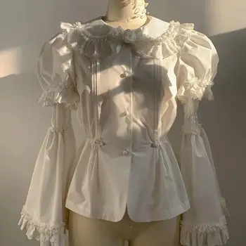 Gotik Y2k Gömlek Kadınlar Vintage Lolita Tarzı Parlama Kollu Pamuklu Bluzlar Kızlar Tatlı Dantel Ruffles Bandaj Üstleri Blusas Mujer