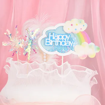 Gökkuşağı Kek Topper Mutlu Doğum Günü Bulut Evlilik Düğün Çocuk Parti Bebek Duş Cupcake Toppers Dekorasyon Pişirme Malzemeleri DIY
