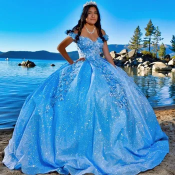 Gökyüzü Mavi Işıltılı Quinceanera Elbiseler Vestidos De 15 Años Çiçek Dantel Boncuk 3 Dflower Prenses Doğum Günü Partisi Balo