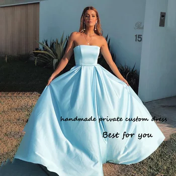 Gökyüzü Mavi Straplez Kadınlar gelinlik modelleri Yarık Pleats Saten Uzun Zarif Resmi Elbise Akşam Partisi Törenlerinde Düğün için