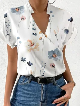 Gömlek Kadınlar için 2023 Yaz Gevşek V Yaka Standı Yaka Baskı Üst Bluzlar Blusas Elegantes Finas Para Mujer Rahat T Shirt