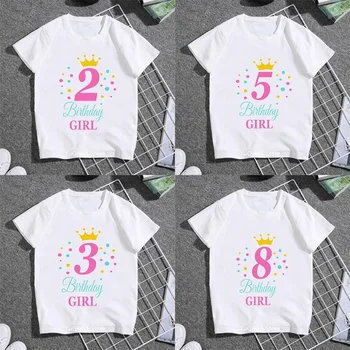 Güzel 2-9 Yıl Doğum Günü Kız T-shirt Numarası Taç Baskılı Tshirt Beyaz Kısa Kollu Casual Grafik T Shirt Hediye parti giysileri