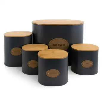 Gıda Depolama ve Organizasyon Bambu Kapaklı Gri Renkte 5 Parça Teneke Kutu Seti