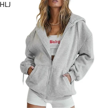 HLJ Rahat Fermuar Hoodies Tişörtü Kadın 2023 Sonbahar Katı fermuarlı cepler Ceket Ceket Retro Streetwear Y2K Kadın Hoodies Tops