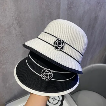 Hasır Şapka Dağ Kamelya Siyah ve Beyaz İnci Hasır Dokuma Balıkçı Şapka Moda kadın Yaz Güneş Koruyucu Hasır Şapka