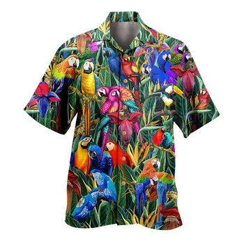 Hawaii Papağanı Baskı Gömlek Yaka Yaka Gömlek Kısa Kollu Düğme Gömlek Erkekler İçin Nefes Camisas Blusas Tatil Üstleri 2023