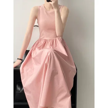 Hepburn Tarzı Yelek Elbiseler Kadın Pamuk Yaz Kolsuz Tasarım Dikiş Kolsuz Örme uzun elbise Ince Tankları Yuvarlak Boyun