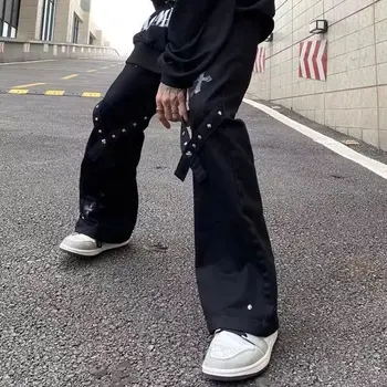 Hip Hop Y2K Tulum Adam Retro Gevşek Kot Cepler Geniş Bacak Yüksek Bel Tulum Düz Tüp Gevşek Denim Pantolon Sokak Giyim