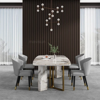Italyan Lüks Mermer Yüzey Metal Taban yemek masası Dikdörtgen Modern Veranda Yemek Kahve Konsol Masa Sandalye Kombinasyonu