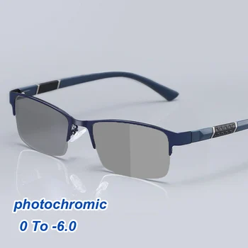 Iş fotokromik güneş gözlüğü Vintage yarım çerçeve Metal mavi ışık engelleme miyopi gözlük Retro UV Shades gözlük Diyoptri