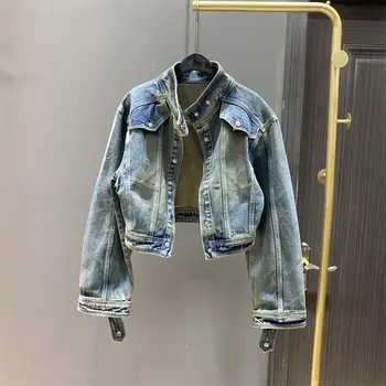 Jean Ceketler Kadınlar için Vintage Moda Kısa Dış Giyim Standı Boyun Slim Fit Casual Harajuku Ceket 2023 Ropa Mujer Denim Y2k Tops