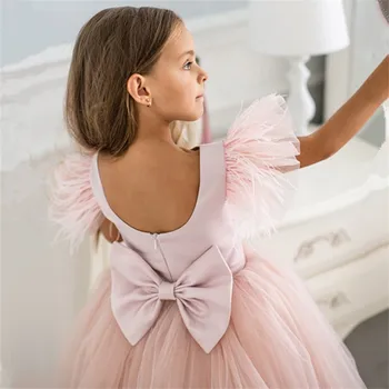 Kabarık Pembe Çiçek Kız Elbise İnci Kollu Prenses Elbise Kız Doğum Günü Partisi elbisesi Kız Elbise Bebek Kız Elbise İlk cemaat