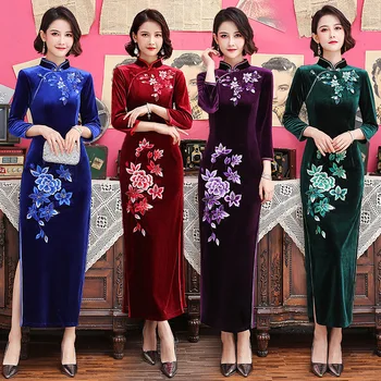 Kadife Cheongsam 2022 Sonbahar Yeni Uzun İşlemeli Sıcak Matkap Üç çeyrek Kollu Anne Elbise Ziyafet Performans Günlük Qipao
