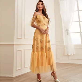 Kadın 2023 Seksi Kayış uzun elbise Fransız Sarı Örgü Yüksek Bel İşlemeli evaze elbise Zarif ve Güzel kadın elbiseleri