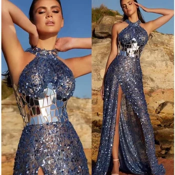 Kadın Balo Elbise Mavi Halter Kolsuz Boncuk Sequins Yan Bölünmüş Kat Uzunluk İmparatorluğu Moda ve Lüks Balo Parti Elbise 2023