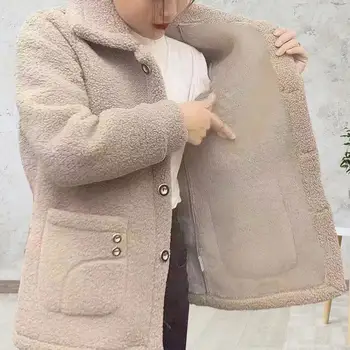 Kadın Ceket Kalın Peluş Bayan Kış Dış Giyim Düz Renk Cepler Yaka Ceket Soğuk Dayanıklı Uzun Kollu Tek göğüslü Ceket