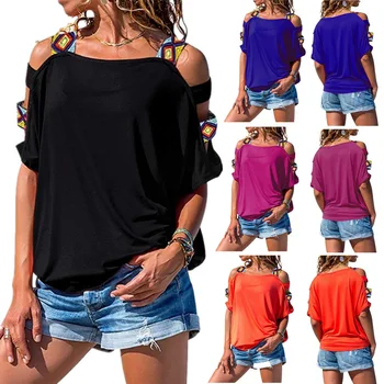 Kadın Düz Renk Hollow Out Kısa Kollu Kapalı Omuz T-shirt 2023 Yeni Tees Kadın Gevşek Casual Tops Moda Sokak Giysileri