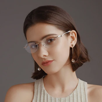 Kadın Elmas Gözlük Titanyum Çerçevesiz Gözlük Yüksek Kaliteli Optik Çerçeve Miyopi Okuma İlerici Altın Pembe Gözlük