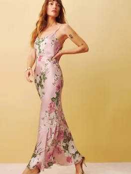 Kadın Fransız Çiçek Baskı %100 % İpek Şarkı Fishtail Elbise 2023 Yaz Moda Yeni Bayanlar Seksi Zarif İnce Uzun Elbise
