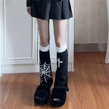 Kadın Gotik Lolita Örgü Uzun Çorap bacak ısıtıcıları Y2K Harajuku Cadılar Bayramı Örümcek Ağı Çapraz kış botu çorap