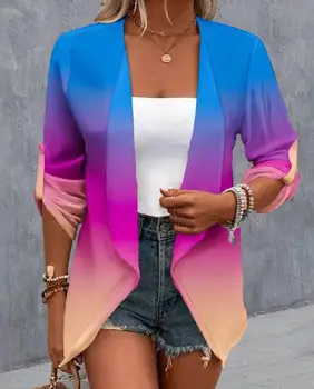 Kadın Hırka Ceket 2023 Ombre Açık Ön Roll Up Kollu Ceket Profesyonel kadın Ofis Giyim Hırka Gömlek kadınlar için