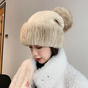 Kadın Karışımlı Örme Kürk Şapka Kış Rex Tavşan Kürk Vizon Kürk Karışımı Sıcak Şapka Yumuşak Ve Rahat Açık kulak koruyucu şapka