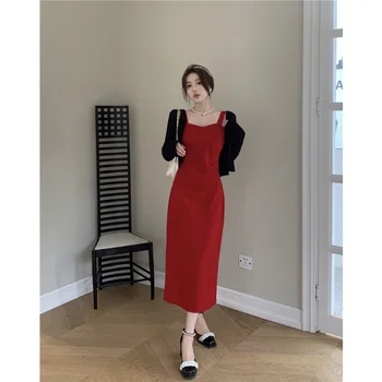 Kadın Retro Kırmızı Fransız boyundan bağlamalı elbise Seti + Siyah Peplum Hırka Bel Zayıflama Seksi Abiye Vintage Tarzı