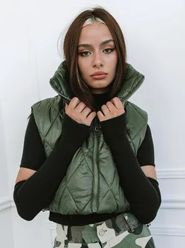 Kadın Turn-aşağı Yaka Zip-up Yelek Moda Sonbahar Kış Kolsuz Pamuklu Mont Streetwear kısa Ceketler Yelek Y2K Yeşil