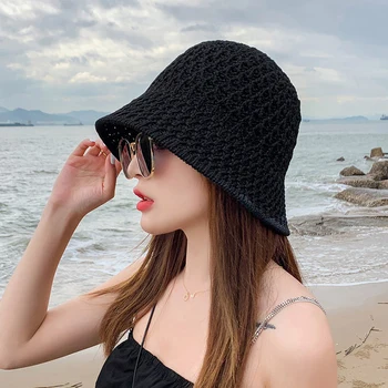 Kadın Yaz Kova Şapka Moda Hollow Örme Şapka Düz Renk Sunhat Balıkçı Kapaklar Rahat Katlanabilir Plaj Kapaklar Gorros Panama