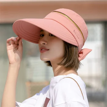 Kadın Yaz Şapka Çıkarılabilir Kap Üst Fermuarlı Boş silindir şapka Döngü Anti-UV güneş şapkaları Bayanlar Katlanabilir Büyük şapka vizör kep