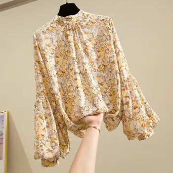 Kadın giyim Kore Moda Çiçek Baskı Standı Yaka Bluz Bahar Sonbahar Fener Kollu Tüm Maç Şifon Gömlek Kadın
