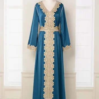 Kadınlar Abaya işlemeli dantel moda v yaka elbise kemeri yeşil / mavi uzun etek