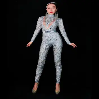 Kadınlar Yeni Moda Gri Gümüş Rhinestones Seksi Tulum Streç Seksi Bodysuit Sahne Performansı Parti Kutlamak Nightlcub Kıyafet