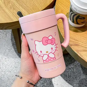 Kahve Fincanı 580Ml Yüksek Kapasiteli Kawaii Sanrio Hello Kitty Bebek Anime Figürü Saman karıştırma kaşığı Termos Bardak Kolu Fincan Ofis Hediye