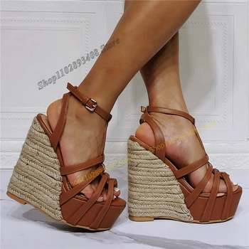 Kahverengi Örgü Platformu İçi Boş Sandalet Peep Toe Toka Askı Takozlar Topuk Kadın Ayakkabı Büyük Boy 2023 Moda Seksi Zapatos Para Mujere