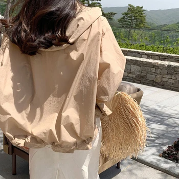 Kapşonlu Yaz Ceketler Kadın Gevşek Saf Basit Tüm Maç Güneş geçirmez Temel Dış Giyim Uzun Kollu Beyaz kadın giysisi Yumuşak Minimalist