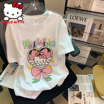 Kawaii Hello Kitty Elbise Kuromi Kısa Kollu T Shirt Kadınlar için Gevşek Kore Moda Y2k Streetwear Boy Kızlar Kırpma Üstleri