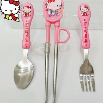 Kawaii Sanrio Hello Kitty Karikatür çocuk yemek takımı Bebek Acemi Kaşık Çatal Çubuk Paslanmaz Çelik Taşınabilir Sofra Seti