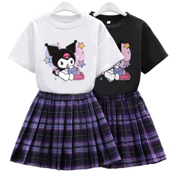 Kawaii Sanrio Kuromi Çocuk Kız Kısa Kollu Üst Pilili Etek Jk Seti Çocuk Bebek Anime T-shirt Pamuk Sevimli Prenses Elbise Hediye