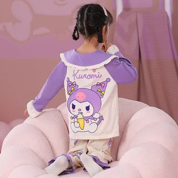 Kawaii Sanrio Pamuk Bebek Yaka çocuk pijamaları Hellokitty Cinnamoroll Sevimli Bahar Sonbahar Loungewear Set Karikatür Ainime Kız Hediye