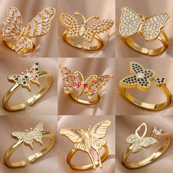 Kelebek Paslanmaz Çelik Altın Renk Yüzükler Kadınlar için Moda Kalp Ayarlanabilir Bakır Zirkon Hoop Yüzük Takı Düğün Hediyesi Yeni