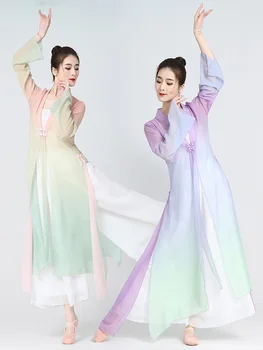 Klasik dans kostümü Çin Gazlı Bez Elbise Uzun Vücut Charm Degrade Renk Egzersiz Giyim kadın Dans Elbise Etek