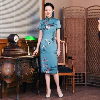 Klasik kadın Zarif Baskılı Ince Qipao Seksi Sıkı Orta Uzunlukta Cheongsam Saten Artı Boyutu çin elbisesi Vintage Parti Elbiseler