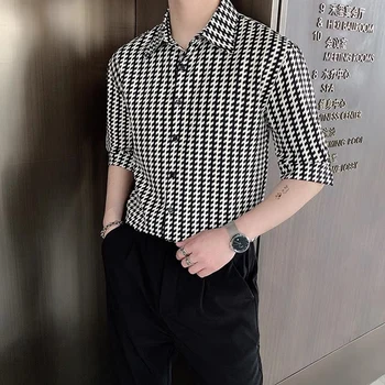 Kore Düğme Streetwear Gömlek Moda Rahat Gevşek Düz Ekose Mizaç Yakışıklı Adam turn-aşağı Yaka erkek Giyim
