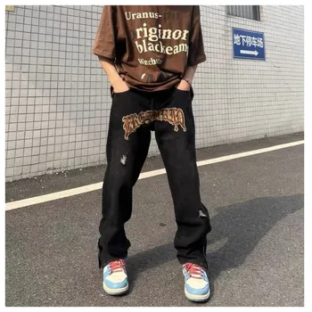 Kot İşlemeli Düz Baggy Punk erkek Moda Harajuku Pantolon İşlemeli Boy Streetwear Y2k Siyah Trendyol Hip Hop Adam