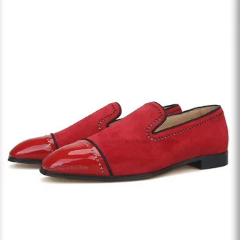 Kristal Dekor Kırmızı Abrazin Patent deri makosenler Avrupa Tarzı Üzerinde Kayma erkek ayakkabısı Moda Parti Bayram Düşük Üst rahat ayakkabılar