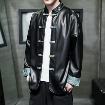 Kıdemli erkek Sonbahar Çin Tarzı Deri Ceket Sinicism Tang Takım Elbise Patchwork Retro Pan Toka Hanfu PU Deri Elbise erkek ceket